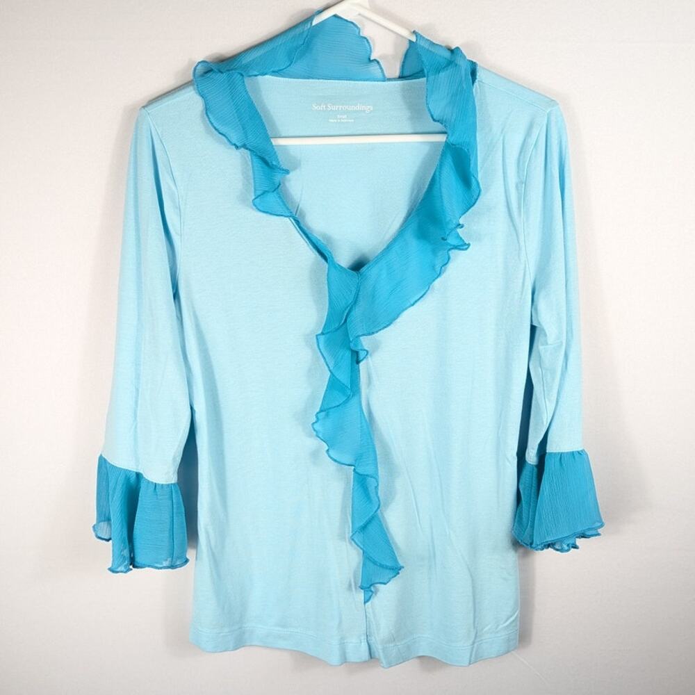 Soft Surroundings Ruffle Open Front Cardigan Blue Sheer Trim Womens Small Top